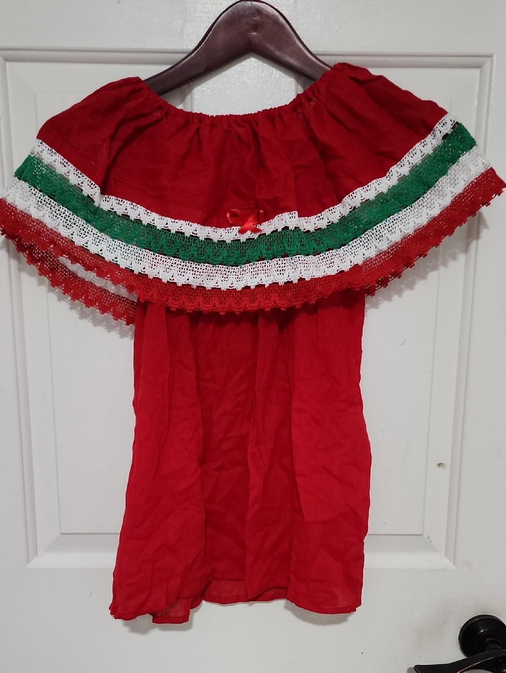 Red Off-Shoulder Mexican Style Peasant Top with Green & White Trim